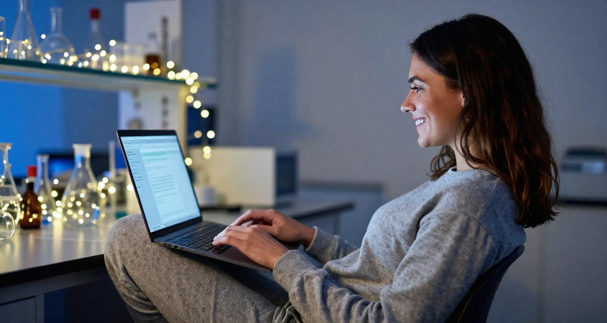 A relaxed and happy Female From Salzburg Austria, practiced soft-aesthetic lifestyle content in their 26, sacrificing social life for editing deadlines, wearing a comfortable lounge wear set, holding a laptop in a science lab.