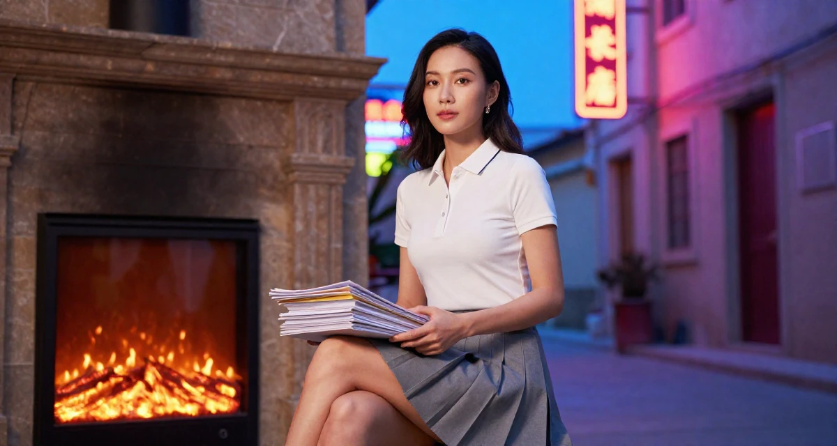 A calm and confident Female From Guangzhou China, learned fashion styling through studio work in their 27, focusing on long-term wealth building, wearing a short pleated skirt and a tight polo shirt, carrying a stack of documents in a neon-lit alleyway.