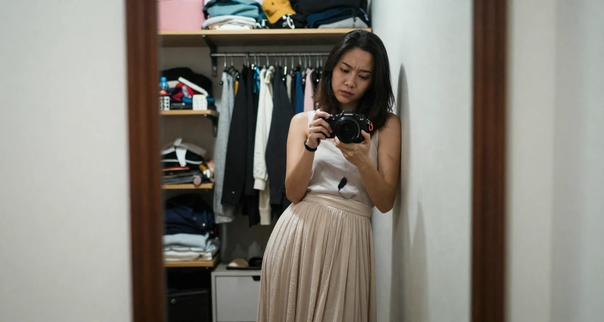 A placid Female From Chiang Mai Thailand, majored in creative writing in their 25, dealing with nervousness before posting first video, wearing a flowing maxi skirt and top, inspecting an object in a walk-in closet.