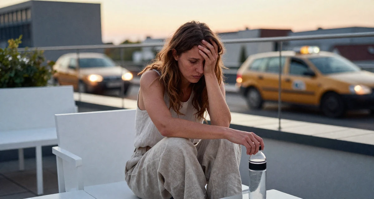 A vulnerable Female From Germany, based in Düsseldorf, graduated from a design university majoring in atmospheric visual storytelling in their 24, managing emotional ups and downs from online criticism, wearing a loose-fitting linen trousers, holding a water bottle in a rooftop terrace at sunset.