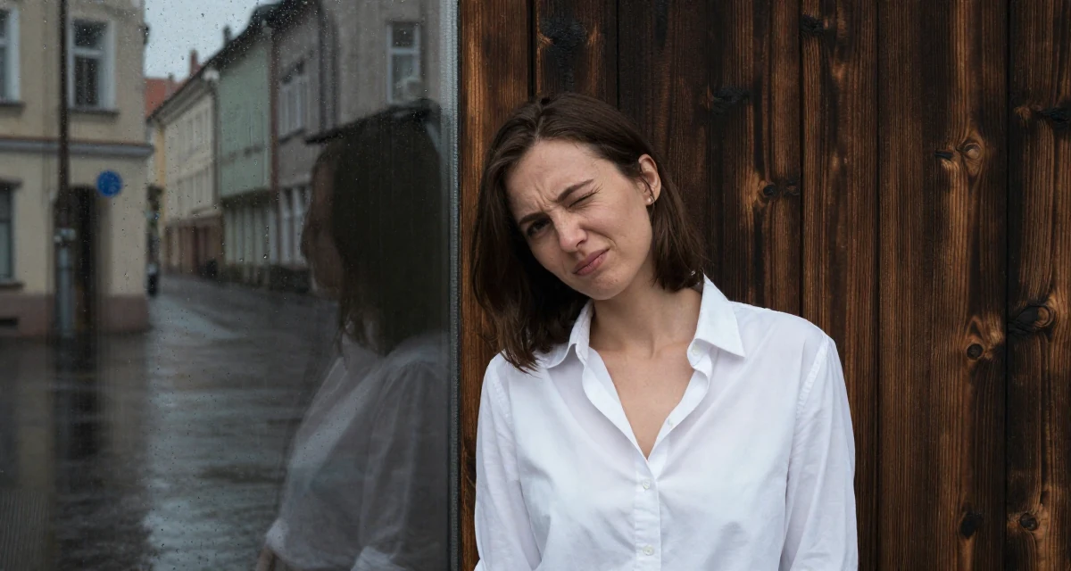 A stressed Female From Poland, majored in international relations in their 22, building early digital portfolios, wearing a white shirt unbuttoned to the chest, winking playfully in a historic downtown.
