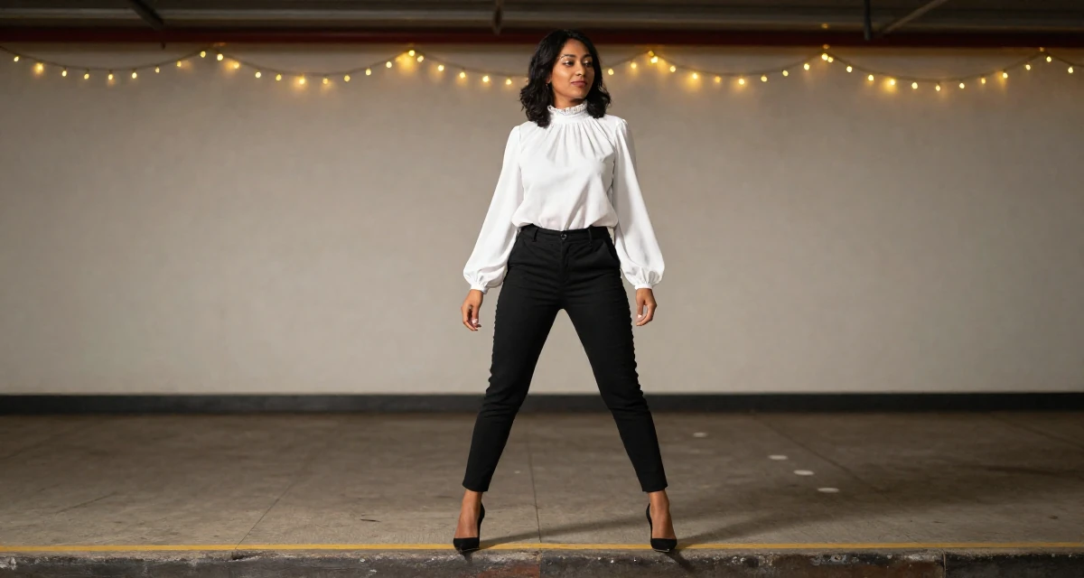 A peaceful Female From Mauritius, studied digital marketing in their 46, transitioning from employee to founder, wearing a high-neck victorian style blouse and black slacks, stepping onto a curb in a basement studio.