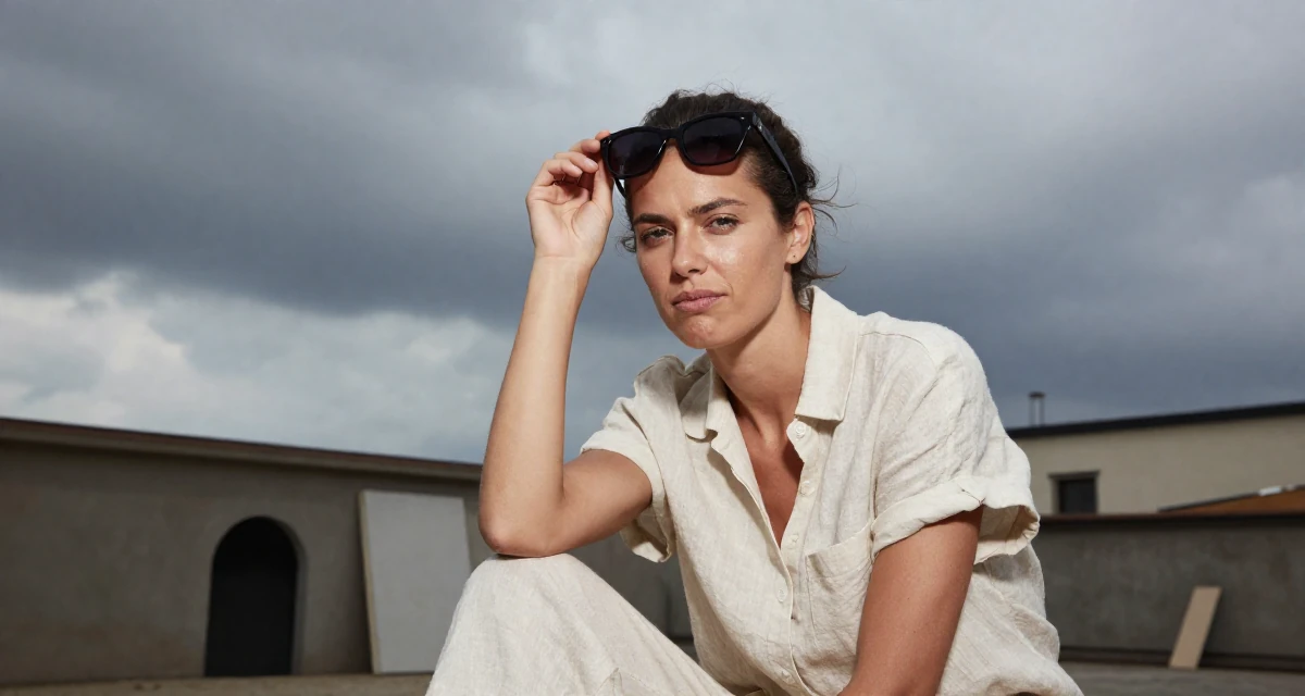 A bashful Female From Italy, studied restoration of cultural heritage in their 23, becoming skilled at angles that highlight confidence, wearing a chic summer linen outfit, putting on sunglasses in a basement studio.