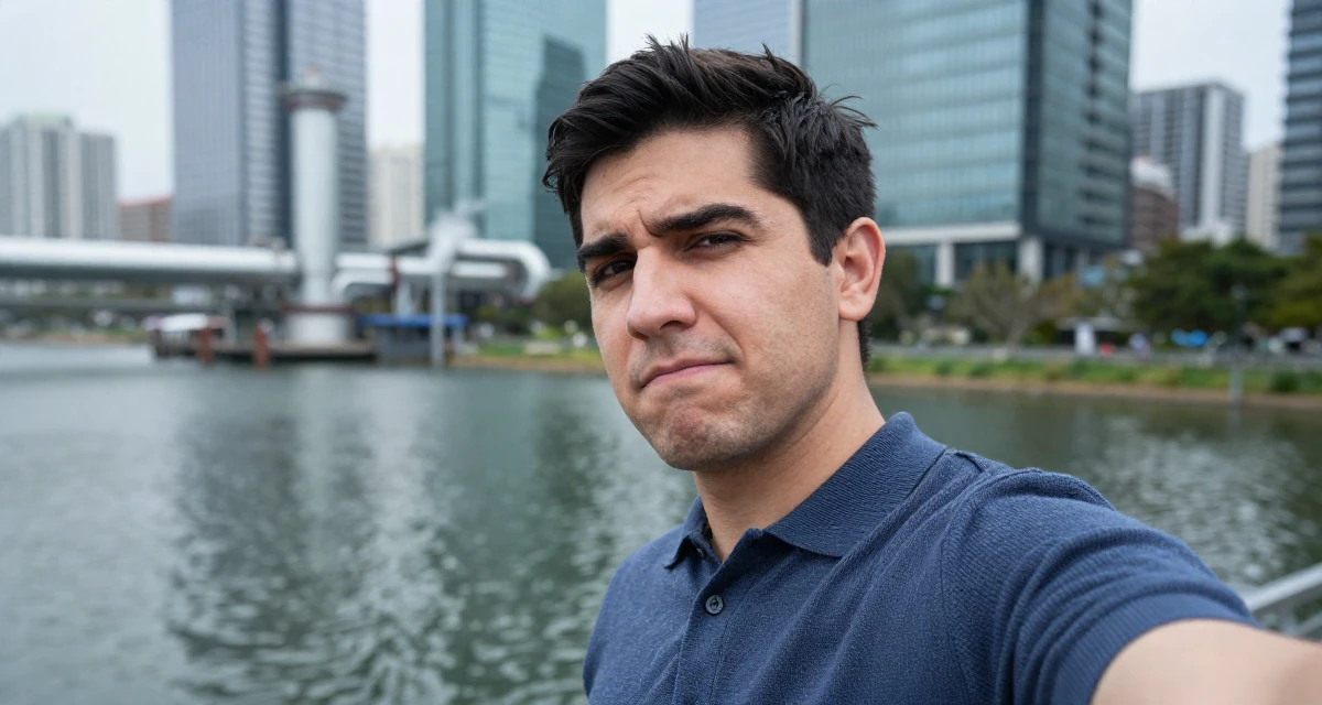 A mischievous male From Chile, majored in international business at a private university in their 29, letting go of the need to please everyone, wearing a smart knit polo, posing for a selfie in a serene lakeside dock.