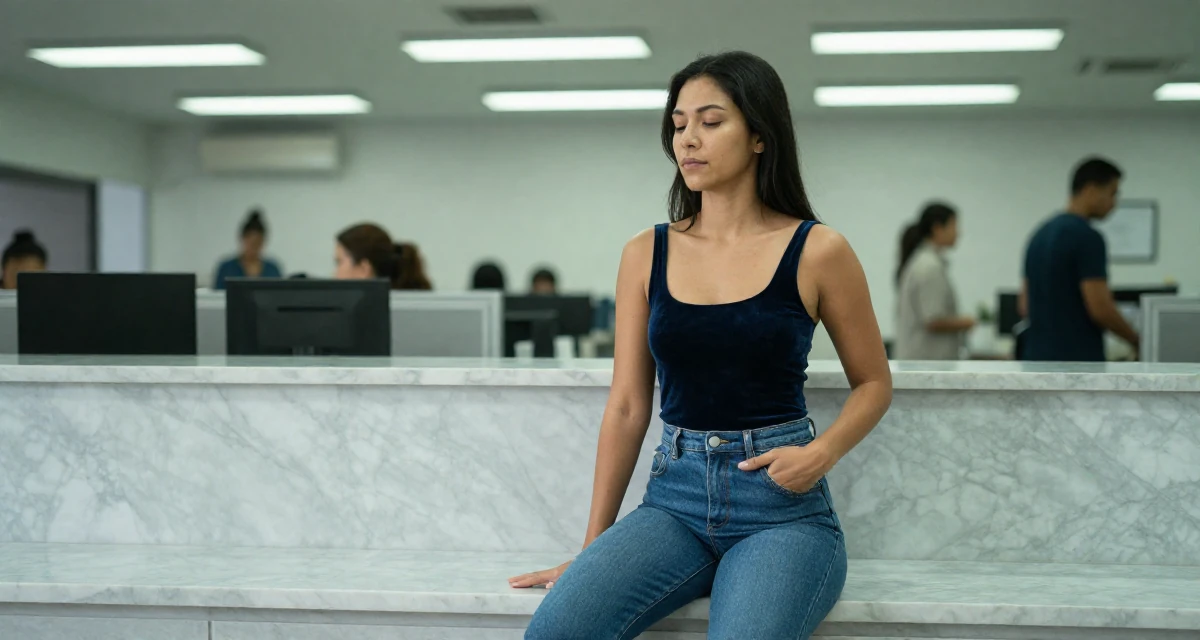 A stoic and strong Female From Chiang Mai Thailand, studied alternative wellness and body flow in their 42, finding peace in a slower intentional lifestyle, wearing a velvet bodysuit and high-waisted mom jeans, sliding a hand into a pocket in a bakery counter.