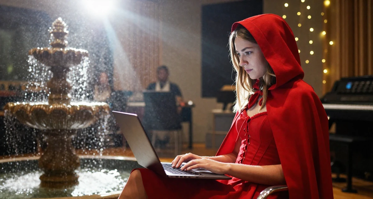 A assertive Female From Norway, studied renewable energy engineering in their 21, enjoying the peak of carefree student life, wearing a red riding hood inspired cape and corset dress, typing on a laptop in a music recording studio.
