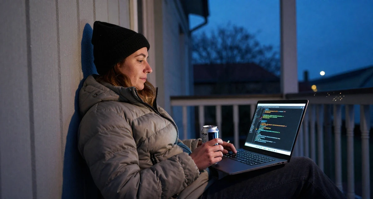 A lazy Female From France, studied philosophy at Sorbonne in their 30, feeling established and financially stable, wearing a warm puffer jacket and beanie, holding a beverage can in a front porch.