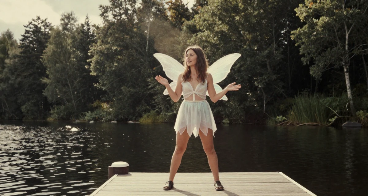 A soft Female From Oslo Norway, majored in music technology in their 31, recently paid off student loans, wearing a fairy costume with translucent iridescent wings, gesturing while talking in a serene lakeside dock.