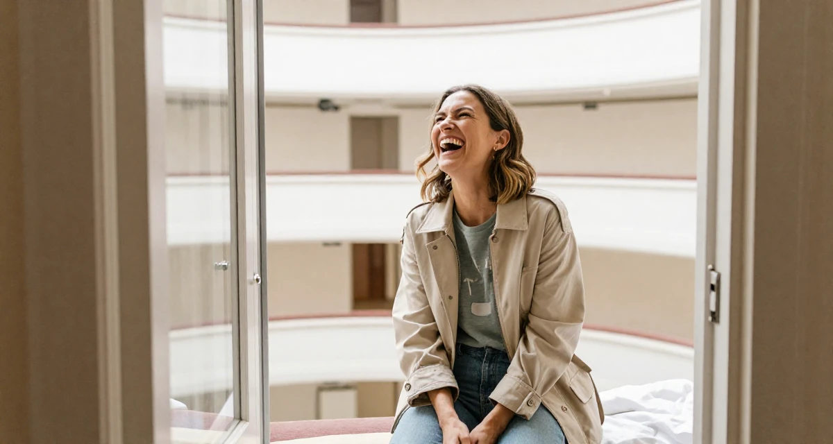 A tense Female Once a kindergarten teacher, now a full-time lifestyle content creator in their 21, laughing openly with head thrown back, wearing a structured jacket with casual tee, checking a reflection in a window in a opera house balcony.