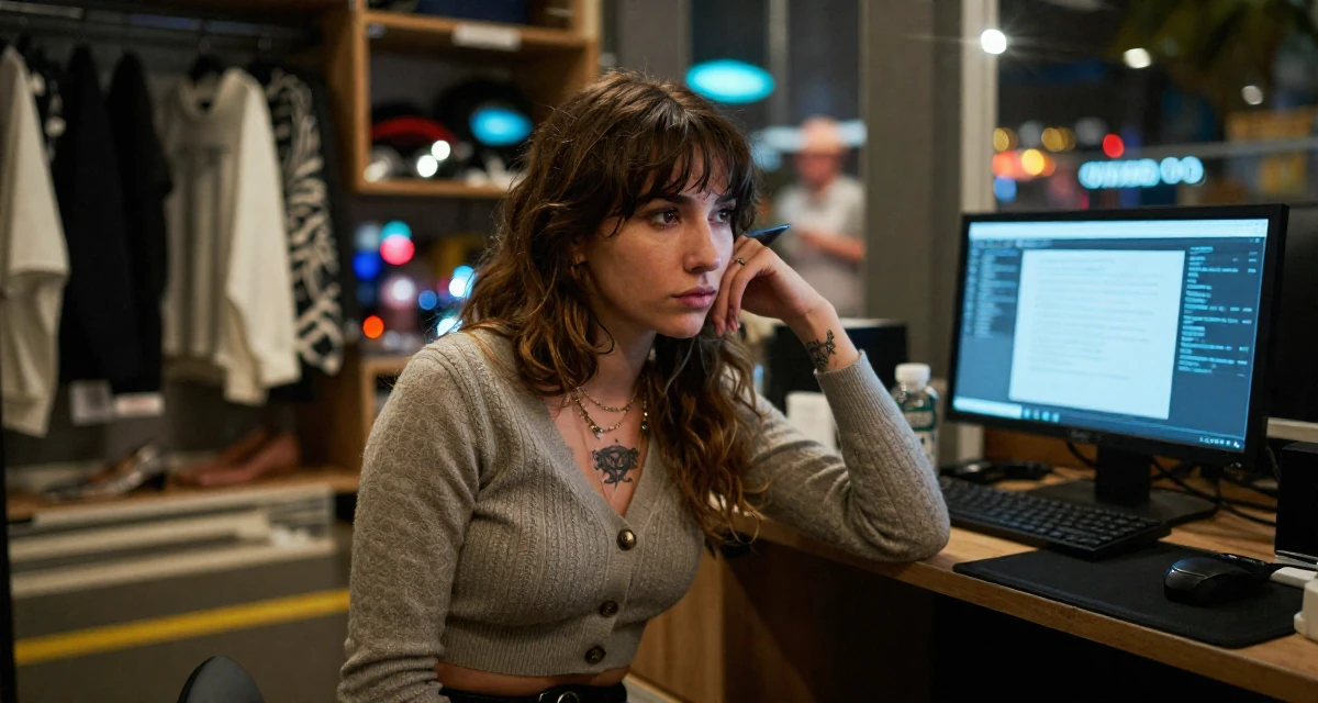 A deeply thinking Female Once a tattoo shop cashier, now modeling body-art-centric content in their 25, struggling to maintain motivation in early studies, wearing a cropped cardigan with only one button fastened, leaning head on a hand in a walk-in wardrobe.