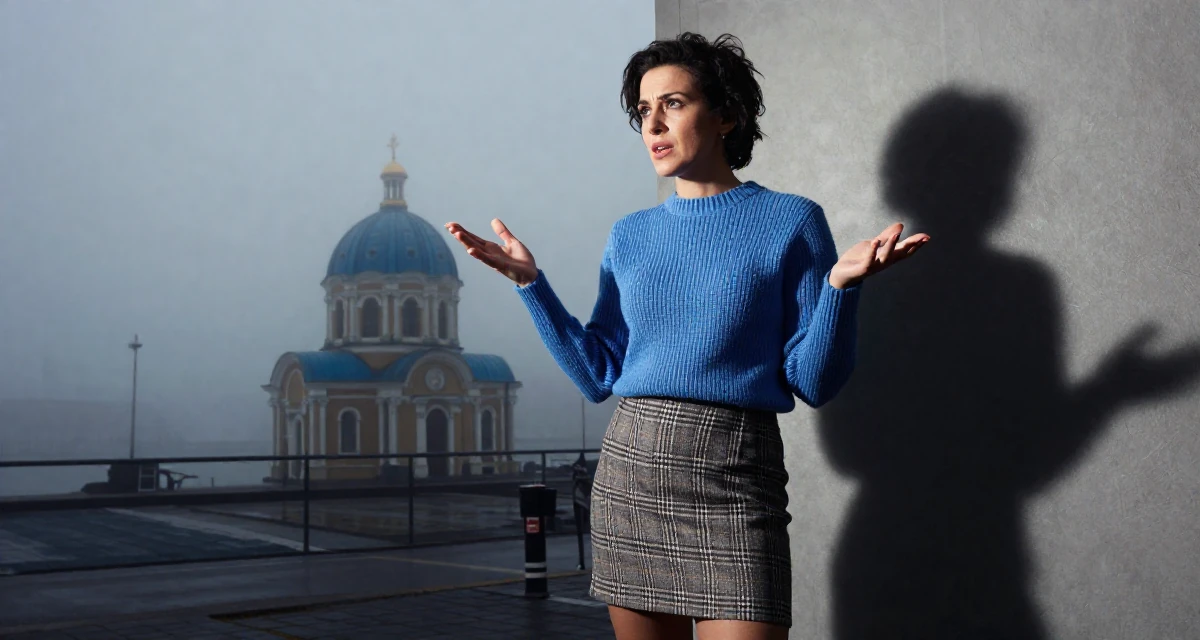A troubled Female From Romania, studied computer science in their 46, fashionista proving style has no age limit, wearing a fitted merino wool sweater and plaid mini skirt, gesturing while talking in a foggy harbor.