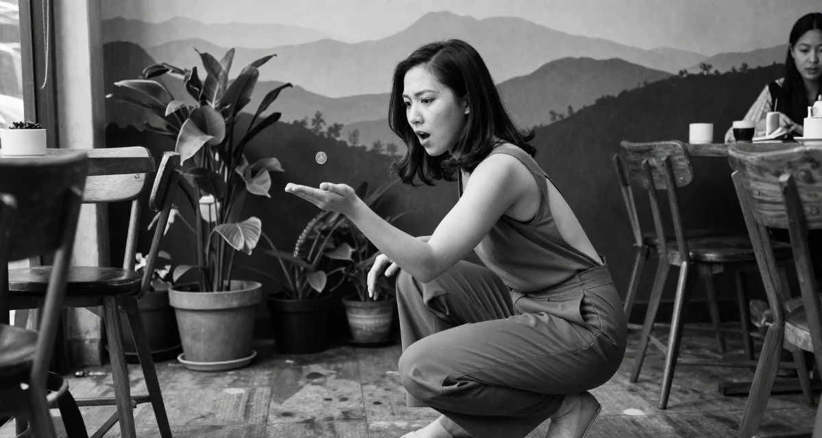 A anxious but excited Female From Hong Kong, trained in contemporary dance and visual expression in their 21, trying to act professional at a first internship, wearing a fitted jumpsuit with an open back design, flipping a coin in a cozy café.