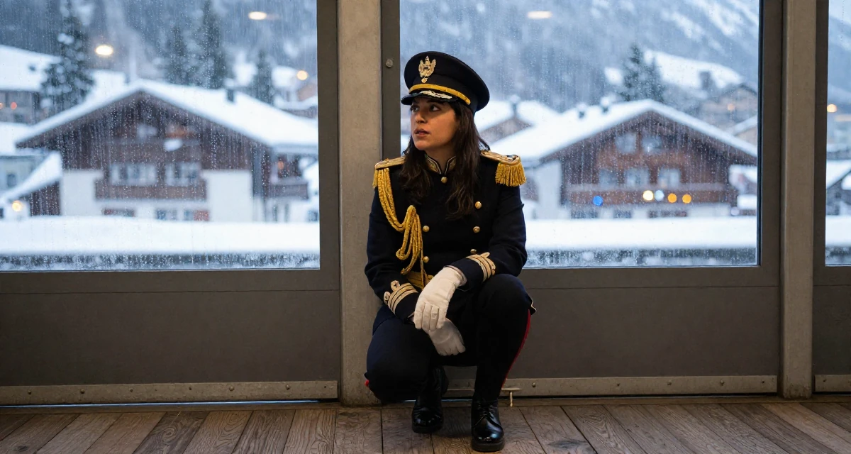 A captivating Female From Honduras, majored in creative writing in their 25, figuring out social roles and self-image, wearing a imperial officer uniform with a peaked cap, leaning against a door in a subway station.