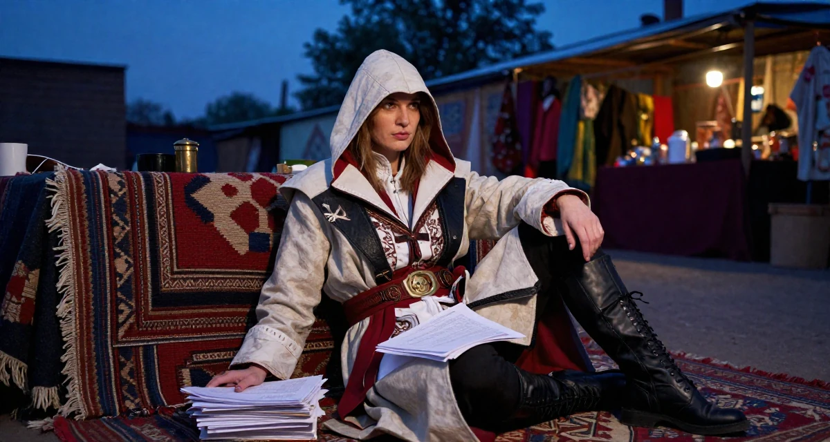 A whimsical Female From Saint Petersburg Russia, studied fine arts in their 36, sharing the ups and downs of entrepreneurship, wearing a assassin creed style hooded robe and tunic, carrying a stack of documents in a basement studio.