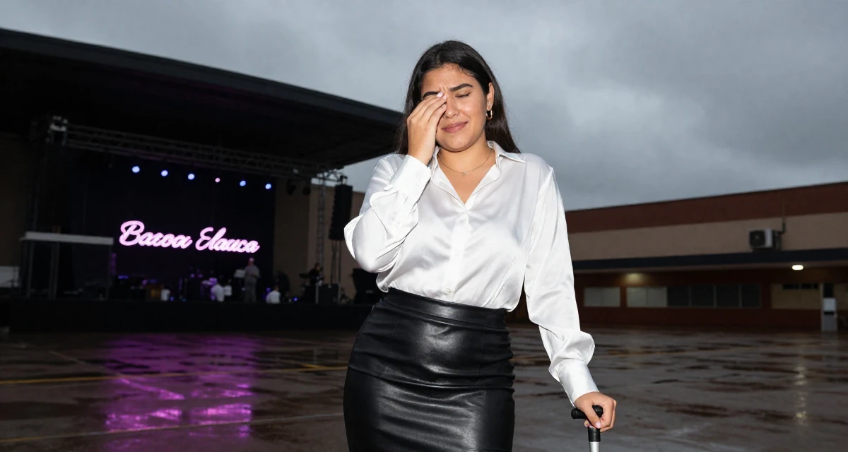 A relieved Female From Mexico, studied graphic design and illustration in their 25, starting college life away from home, wearing a white silk shirt tucked into a leather pencil skirt, rubbing eyes in a concert hall.