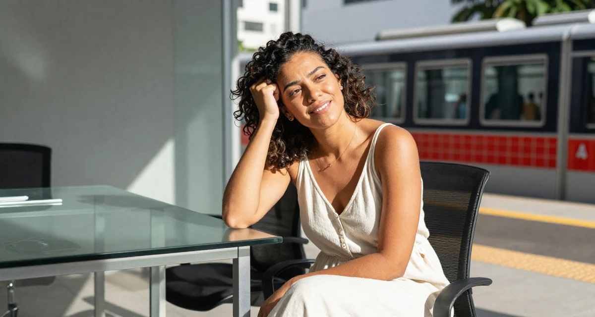 A hopeful Female From São Paulo Brazil, practiced samba dance and sensual movement in their 25, building confidence through small achievements, wearing a airy cotton dress for summer, scratching the head in confusion in a office break room.