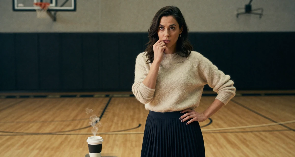 A fascinated Female Former aerobics instructor, now filming premium workout sessions in their 23, changing career paths with terrifying courage, wearing a soft cashmere sweater and a pleated midi skirt, biting the lower lip softly in a basketball court.