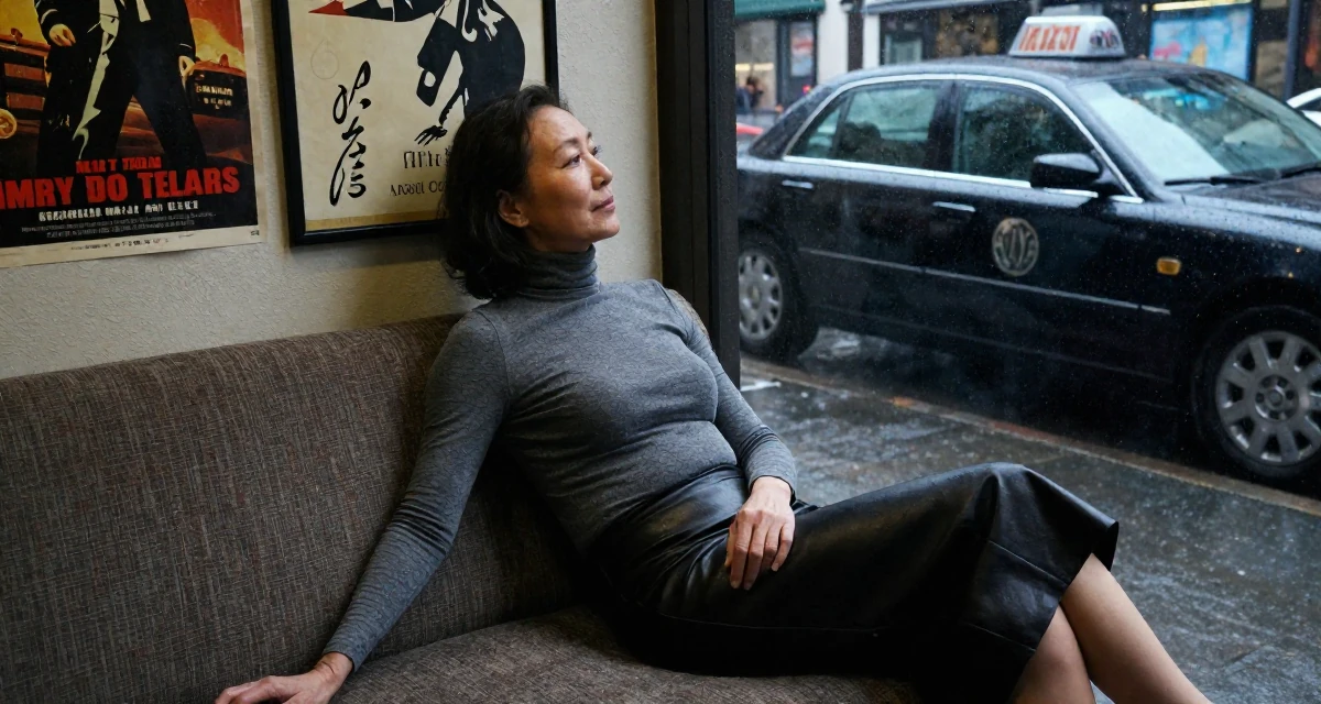 A lonely Female Once a calligraphy hobbyist, now integrating art into sensual themes in their 50, sharing the secrets of graceful aging, wearing a fitted turtleneck and a leather midi skirt, waiting for a taxi in a bustling city street.