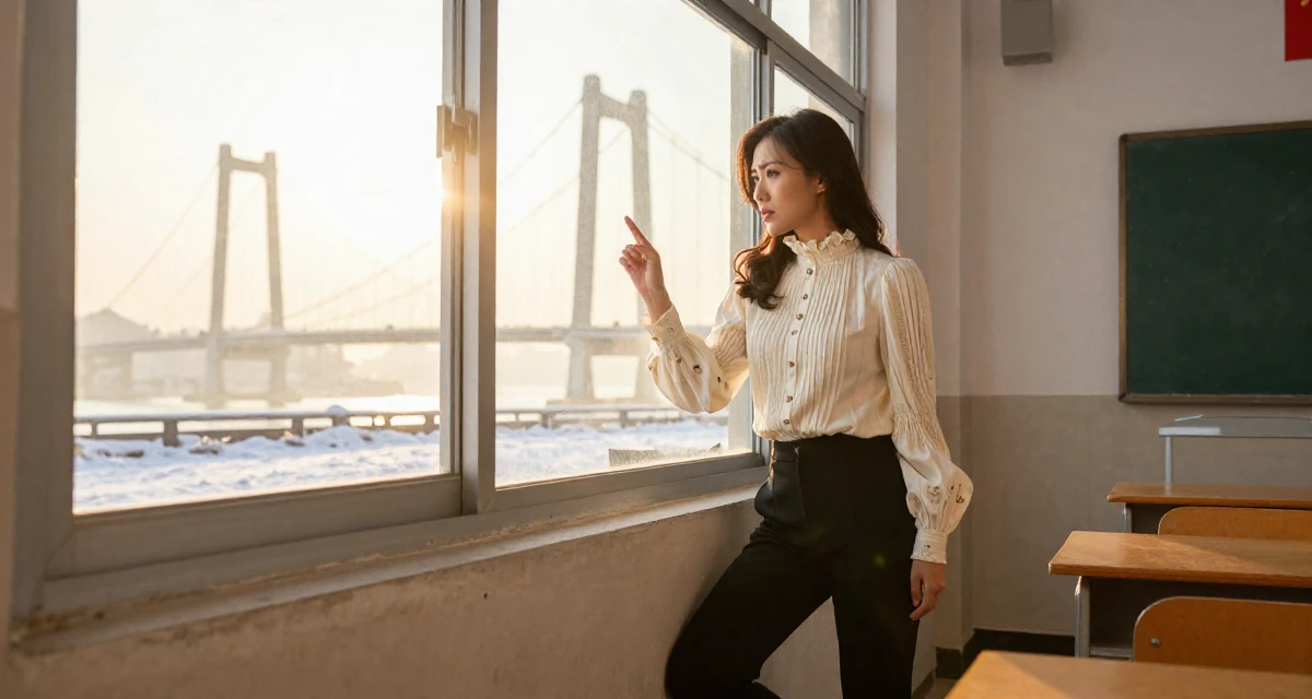 A impatient Female From Macau, studied hospitality management in their 35, celebrating a major career milestone, wearing a high-neck victorian style blouse and black slacks, checking a reflection in a window in a classroom setting.