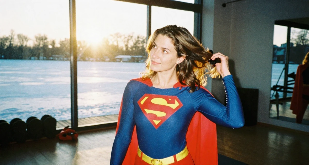 A charming Female From Netherlands, has a background in logistics in their 25, developing a stronger creator identity and niche, wearing a superheroine spandex suit with a cape, brushing hair back in a yoga studio.