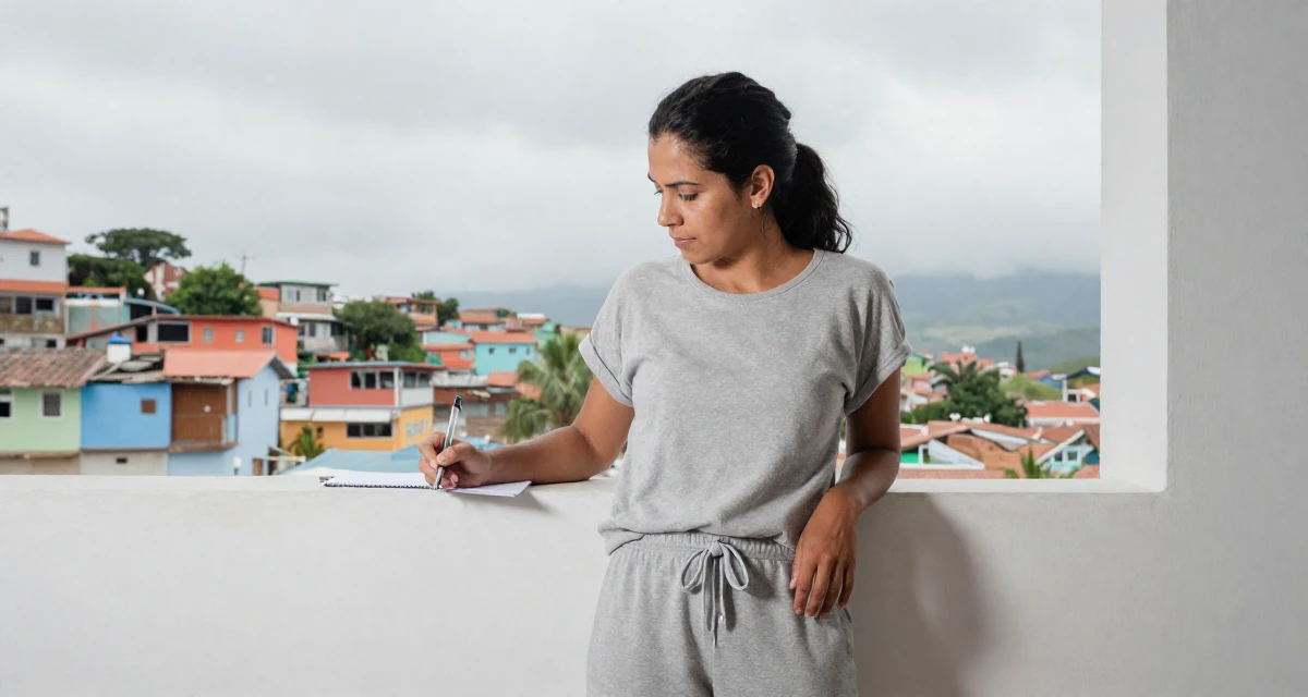 A steady Female Born in Colombia, majored in media innovation in their 45, documenting the renovation of a vacation home, wearing a comfortable lounge wear set, holding a pen poised to write in a radio station.