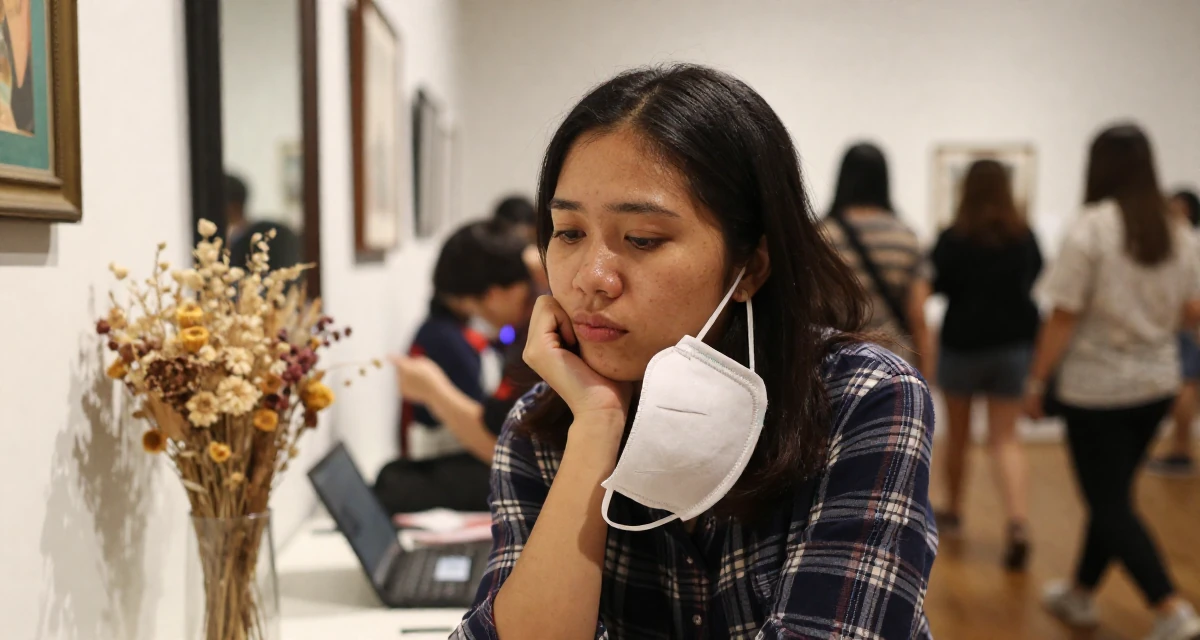 A focused Female From Malaysia, based in Malacca, graduated from a creative college majoring in sensual composition design in their 42, sharing the reality of executive burnout, wearing a casual plaid button-down, holding a mask (cosplay/prop) in a museum exhibit.
