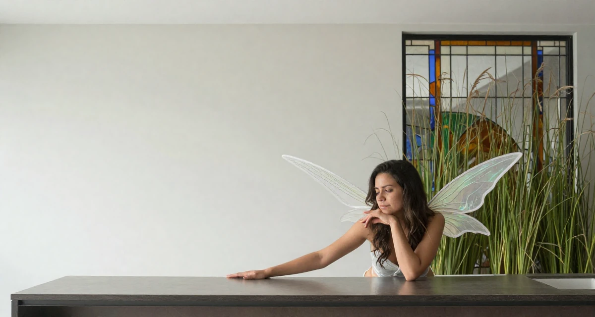 A bashful Female From Rio de Janeiro Brazil, majored in public relations in their 25, thinking about long-term investments, wearing a fairy costume with translucent iridescent wings, stretching arms after waking in a modern apartment living room.