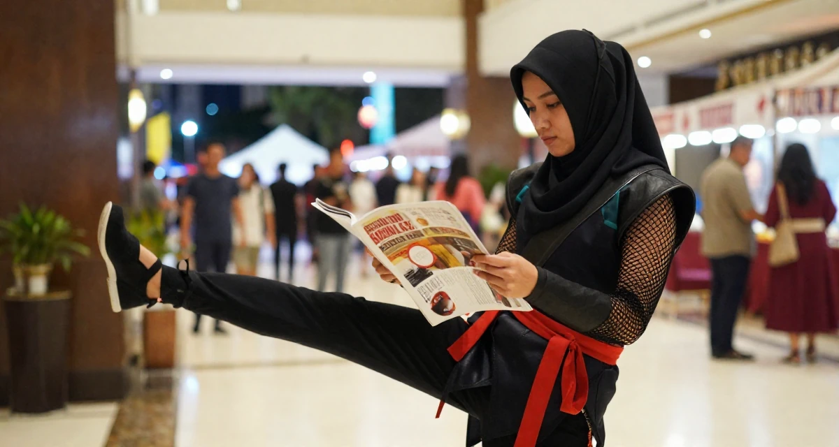 A composed Female From Malaysia, majored in international business in their 36, building a community for working moms, wearing a ninja kunoichi outfit with fishnet details, flipping through a magazine in a hotel lobby.