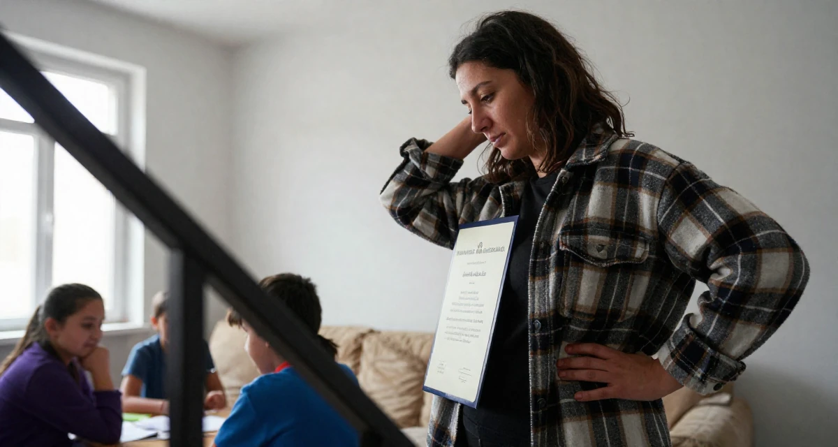 A relaxed Female From Ankara Türkiye, holds a degree in international trade in their 45, helping kids through school, wearing a cozy oversized flannel, tucking hair behind an ear in a sunlit living room.