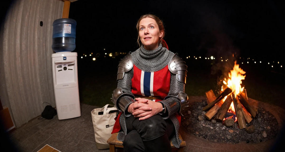 A gentle Female From Oslo Norway, majored in music technology in their 42, expert consultant sharing industry secrets, wearing a female knight armor with a tabard and chainmail, carrying a tote bag in a wedding venue.