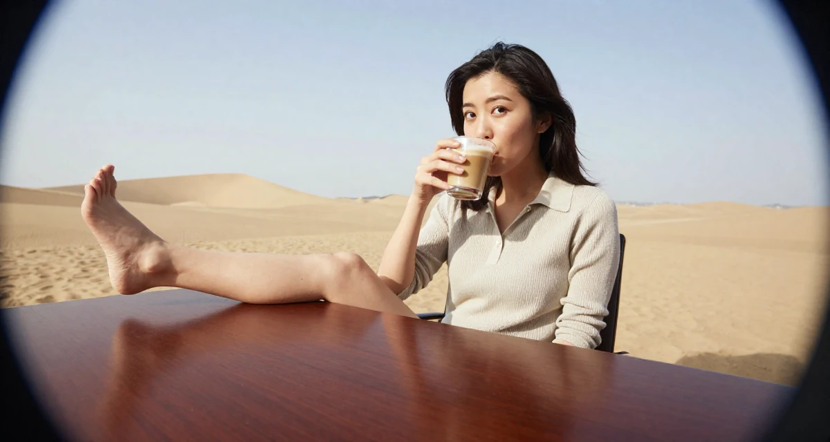 A carefree Female From Tokyo Japan, studied gravure-style posing and aesthetic direction in their 48, finding purpose beyond motherhood, wearing a smart knit polo, sipping a latte in a desert landscape.