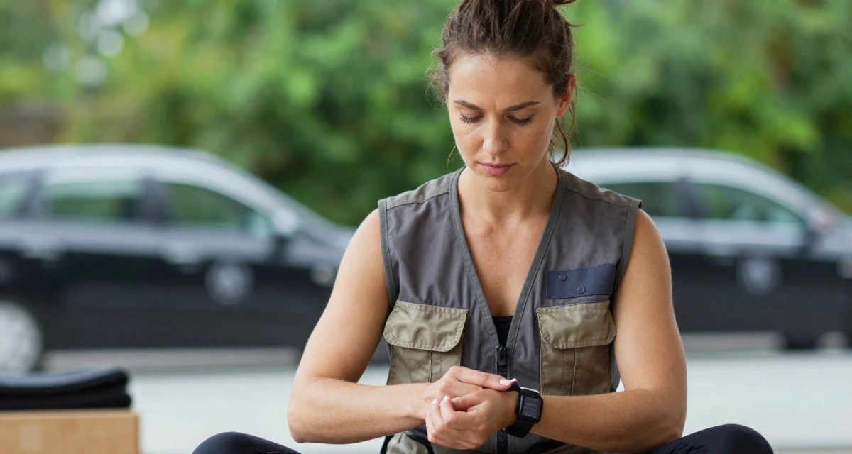A elegant Female From Scotland, studied game design in their 20, working a chaotic part-time job, wearing a urban explorer utility vest look, fixing a cufflink in a yoga studio.