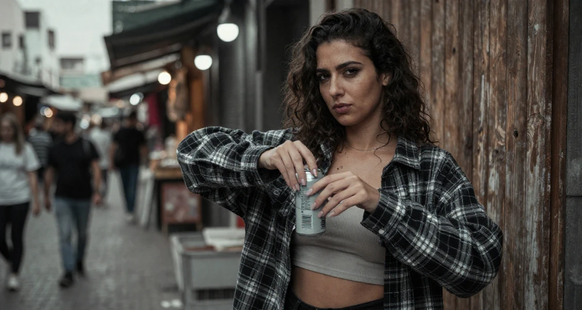 A teasing Female From Israel, based in Tel Aviv, graduated from an arts program majoring in sensual character creation in their 25, embracing full creative control over a bold persona, wearing a oversized flannel shirt unbuttoned over a crop top, opening a soda can in a bustling market.