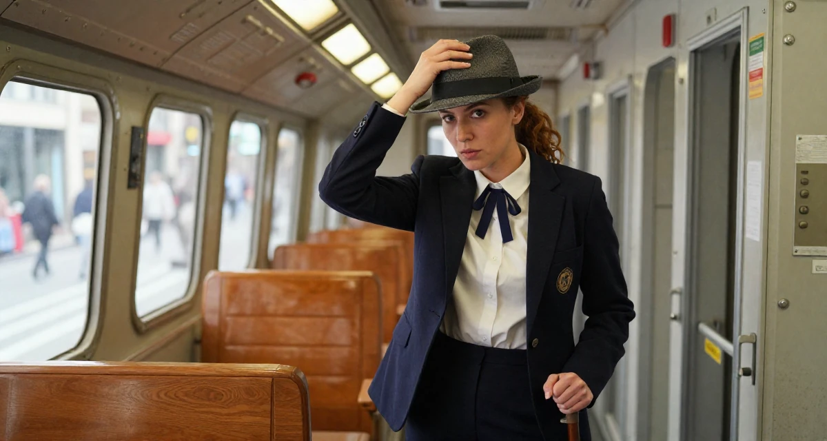 A intense Female From France, studied viticulture and oenology in their 23, balancing vulnerability and professionalism, wearing a classic collegiate style, adjusting a hat in a spaceship corridor.
