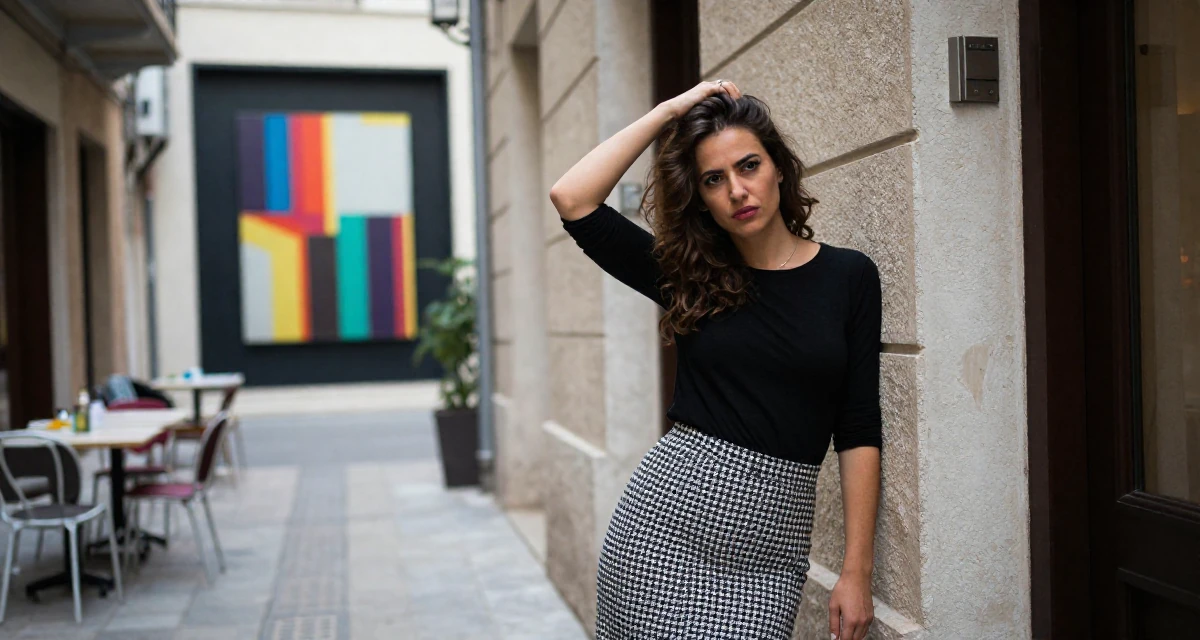 A ferocious Female From Thessaloniki Greece, majored in international economics in their 25, balancing sexiness with professionalism, wearing a houndstooth pattern skirt and black top, scratching a head lightly in a neon-lit alleyway.