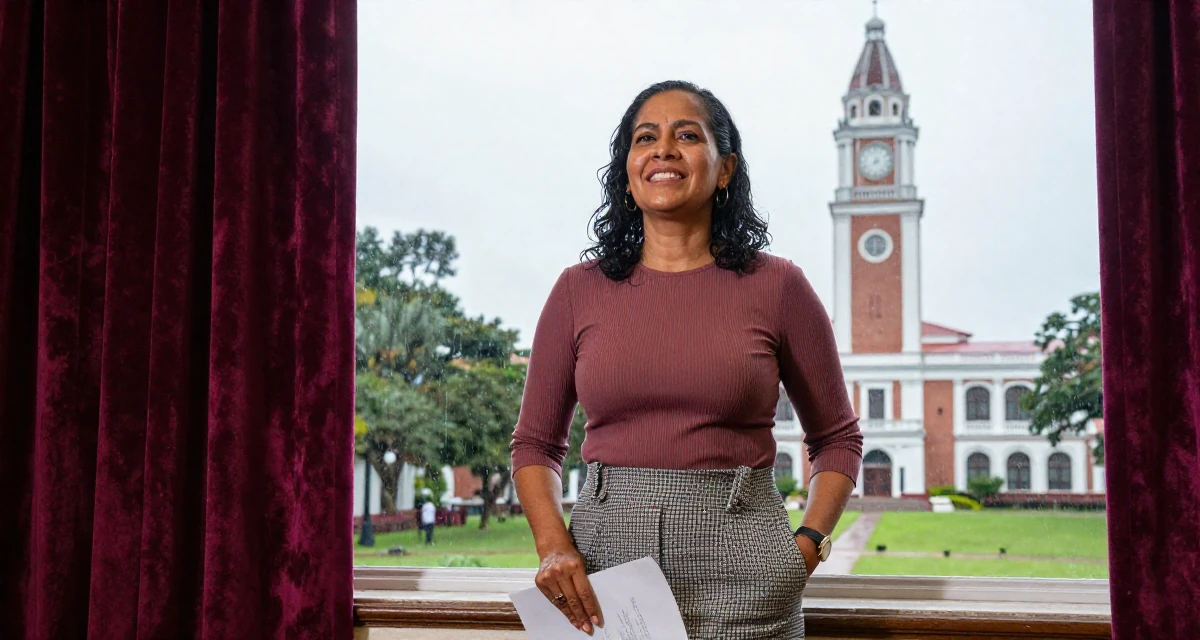 A triumphant Female From Panama, majored in media production in their 40, focusing on legacy and long-term wealth, wearing a fitted ribbed top and a check pattern skirt, holding a piece of paper in a university campus.