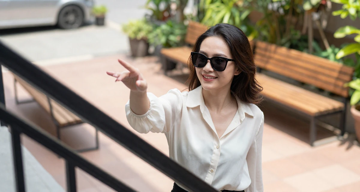 A cheerful Female From Ho Chi Minh City Vietnam, studied creative media and personal branding in their 22, trying to grow without losing privacy or sanity, wearing a lightweight chiffon blouse slightly unbuttoned, lowering sunglasses to look out in a sunny patio.