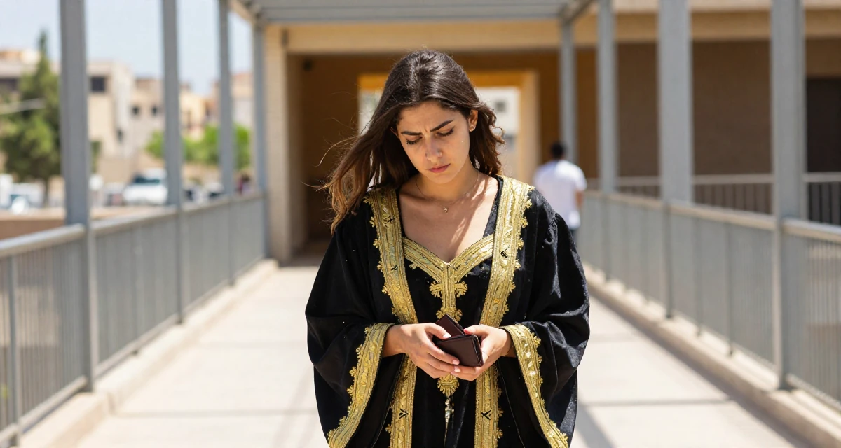 A exhausted Female From Israel, has a background in tech startups in their 25, dealing with pressure to choose a major, wearing a high-fantasy sorceress robe with gold embroidery, checking a wallet in a bridge walkway.