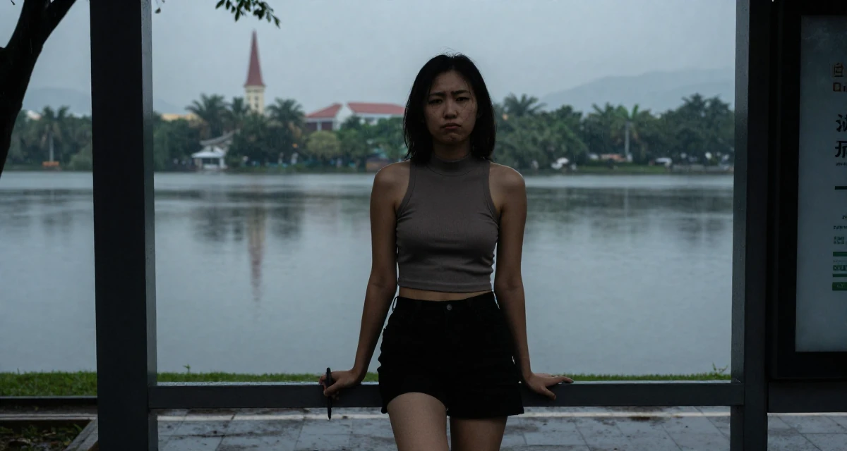 A sarcastic Female From Vietnam, based in Nha Trang, graduated from a media school majoring in soft-romantic content direction in their 33, seeking a deeper connection with nature, wearing a high-neck sleeveless crop top showing toned arms, holding a pen in a bus stop in the rain.