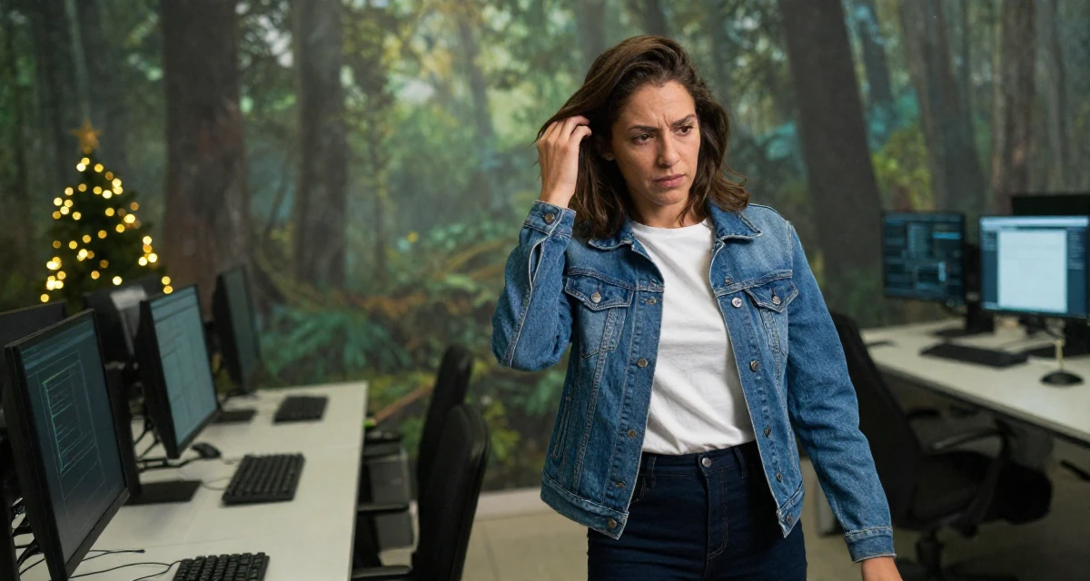 A settled Female From Brazil, trained in physical therapy in their 25, figuring out social roles and self-image, wearing a classic denim jacket and white tee, pushing hair from face in a cybernetic computer lab.