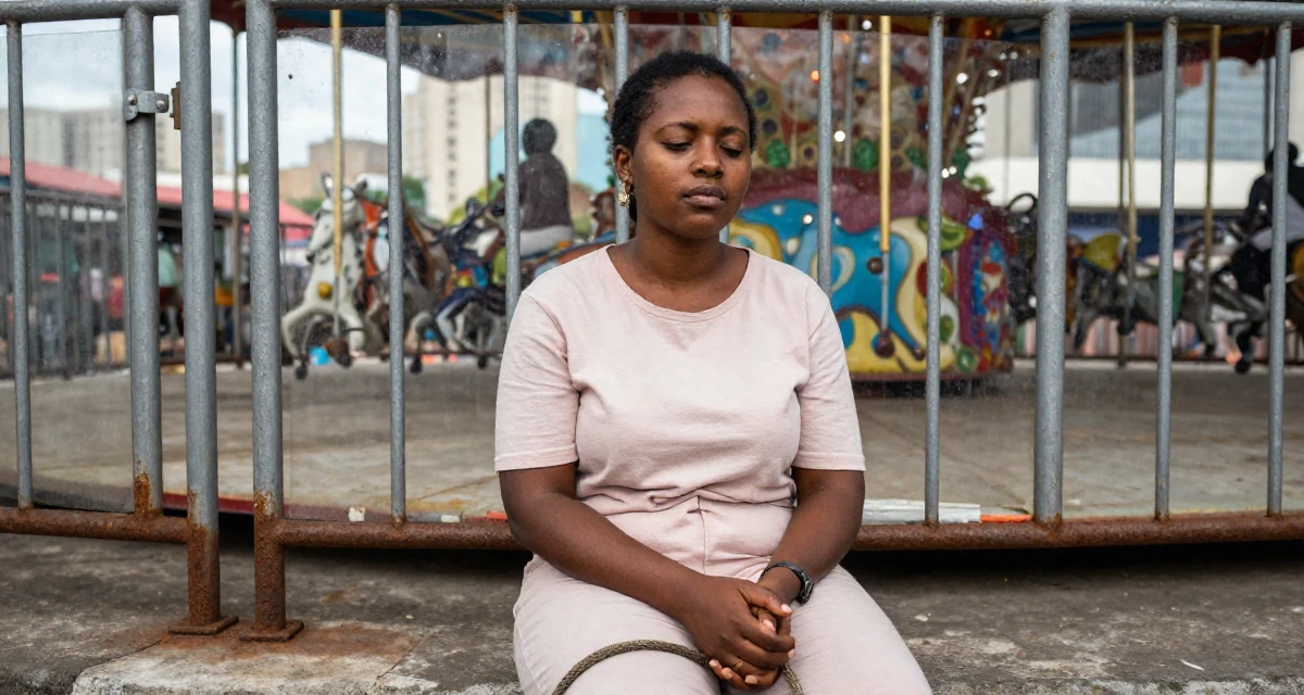 A nostalgic Female From Mozambique, studied environmental science in their 33, feeling a deep sense of gratitude and grounding, wearing a soft pastel-colored ensemble, holding a leash in a carnival with rides.