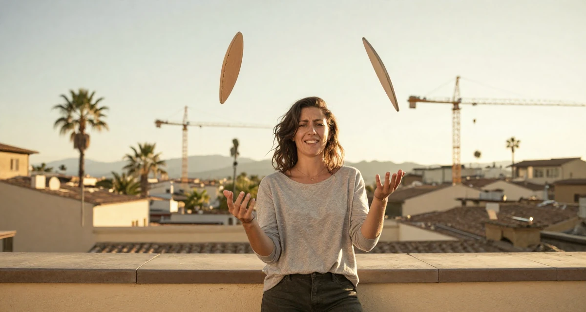 A worried Female From Florence Italy, practiced artistic nude composition in their 43, juggling two jobs, wearing a relaxed streetwear, covering a laugh with one hand in a rooftop terrace at sunset.