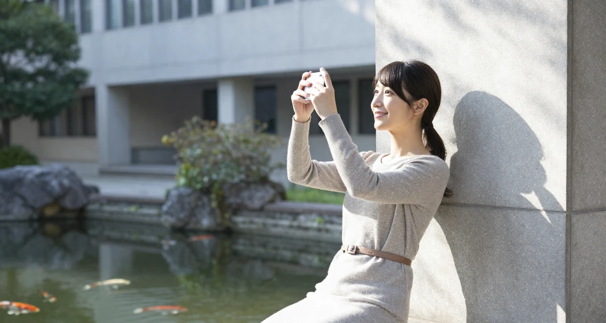 A sweet Female From Japan, majored in psychology in their 25, building long-term loyalty with core subscribers, wearing a form-fitting sweater dress with a belt, snapping a photo with a phone in a university campus.