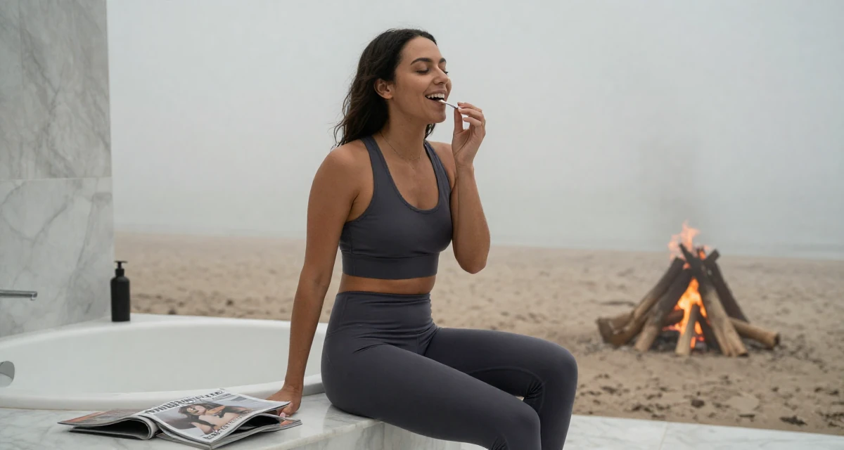 A bright and optimistic Female Former software engineer at 25, now crafting premium lifestyle content in their 22, planning monthly photoshoots on a tight budget, wearing a gym shark style seamless leggings and matching crop top, humming a tune visually in a marble bathroom with a tub.