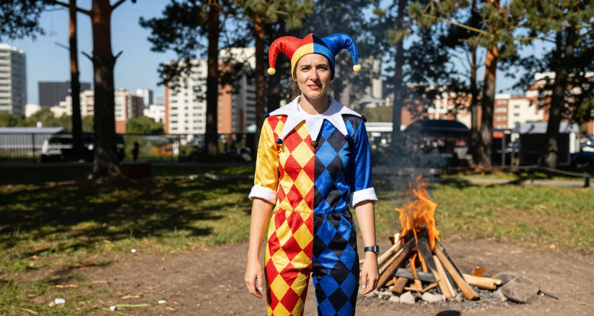 A positive Female From Birmingham United Kingdom, holds a degree in economics in their 22, comparing growth with other creators and feeling pressure, wearing a harlequin jester costume with a diamond pattern, rolling up sleeves in a campfire circle.