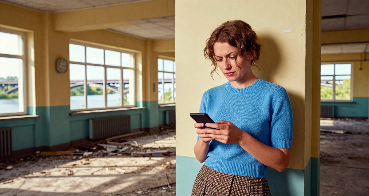 A mischievous Female From Russia, studied mathematics and cybernetics in their 43, balancing a demanding career with self-care, wearing a short sleeve cashmere sweater and a skirt, reading a text message in a abandoned hospital.