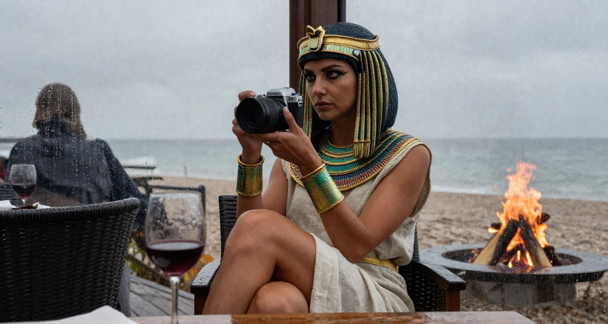 A hypnotic Female From Copenhagen Denmark, studied influencer branding and content campaigns in their 32, looking at the world with a cynical edge, wearing a egyptian queen costume with gold collar and linen, holding a camera ready to shoot in a cozy café.
