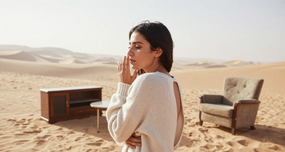A quietly confident Female From Alexandria Egypt, practiced creative self-portraiture in their 25, calculating every purchase because income is unstable, wearing a open-back sweater showing the spine, taking a deep breath in a desert sand dunes.