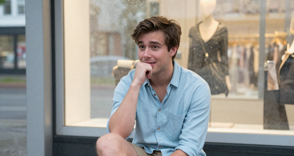 A vulnerable male From Canada, majored in sociology and gender studies in their 25, learning to hold eye contact through the lens, wearing a button-up shirt dress with the top buttons undone, biting a lip thoughtfully in a bus stop in the rain.