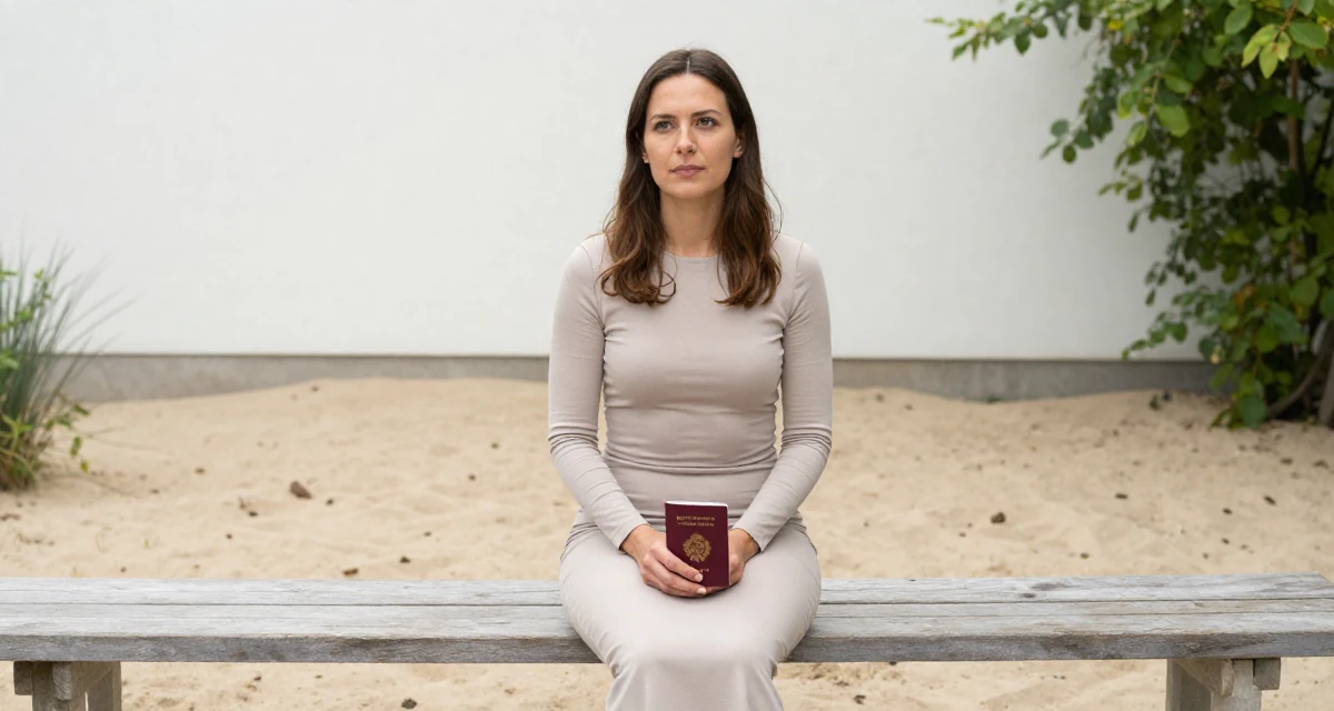 A reflective Female From Austria, based in Graz, graduated from an arts academy majoring in emotional portrait direction in their 46, advocate for work-life balance in leadership, wearing a long-sleeve bodycon midi dress in neutral tones, holding a passport in a backyard garden.